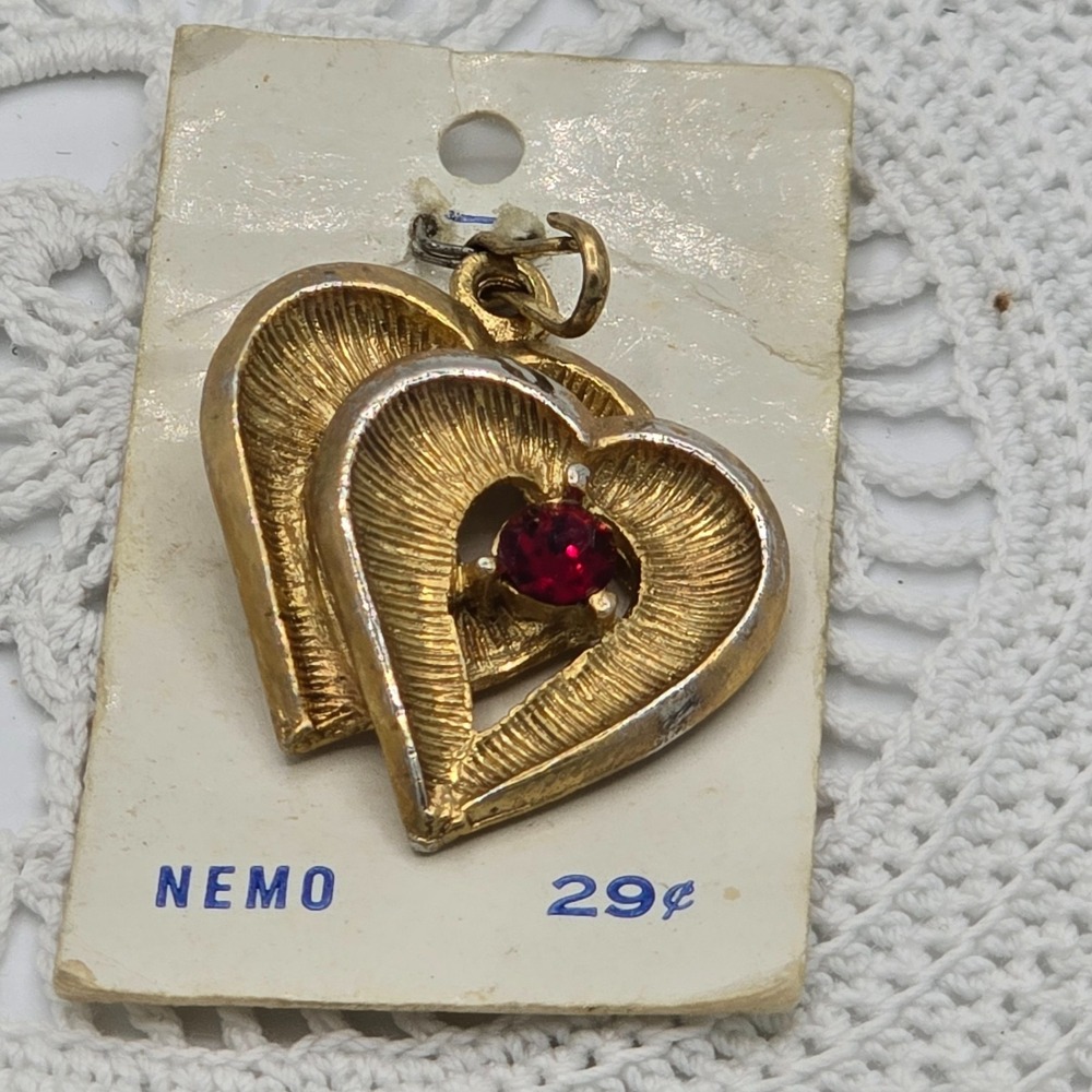 Vintage Little Nemo Pendant Original Tag Gold Tone Double Heart Red Rhinestone